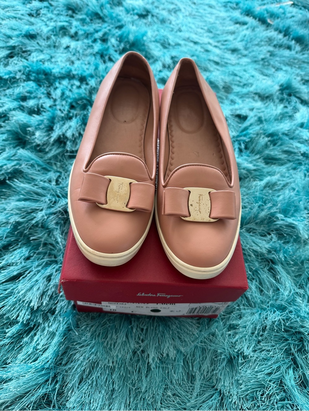 Salvatore Ferragamo Pink Leather Bow Slip-On Flats with Gold Buckle
